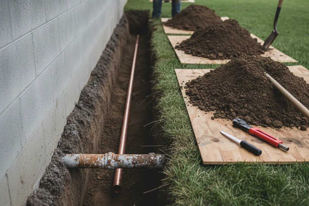 Excavated water line trench during Water Softener Installation in Goodyear